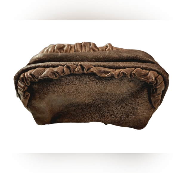 Treesje Brown leather with ruffle makeup bag pouch - Picture 2 of 9